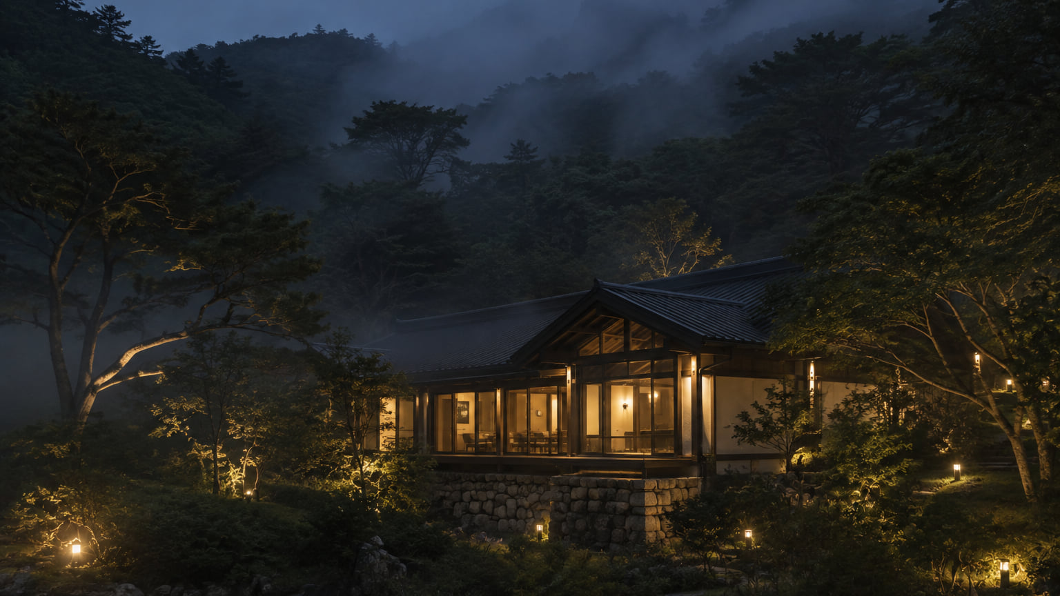 숲에 안긴 설악 숙소의 야경